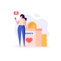Woman standing with coin and donating money. Crowdfunding. Concept of donation, volunteering, donation box, charity. Vector