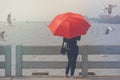 Woman standing on concrete bridge, she holding red umbrella and looking at sea and seagulls flying at Bangpu Recreation Center.