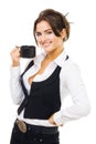 Woman standing with cup of coffee, smile and look