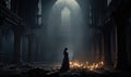 Photo of a woman standing in a dimly lit cathedral at night