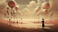 A woman standing in the desert with balloons, AI Royalty Free Stock Photo