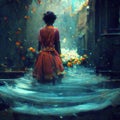 a woman standing in a fantasy flooding room, water incoming, ai generated image