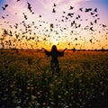 woman standing in a field with birds at sunset, Generative AI