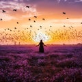 woman standing in a field with birds at sunset, Generative AI