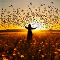 woman standing in a field with birds at sunset, Generative AI