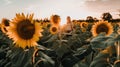 A Woman Standing In A Field Of Sunflowers. AI Generative Image.