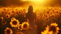 A Woman Standing In A Field Of Sunflowers With The Sun Behind Her, AI