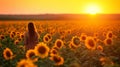 A woman standing in a field of sunflowers at sunset, AI Royalty Free Stock Photo