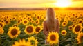 A woman standing in a field of sunflowers at sunset, AI Royalty Free Stock Photo