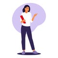 Woman standing with folder. Office worker, remote job concept. Vector illustration. Flat