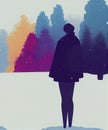 a woman standing in front of a forest, special cartoon silhouette scene, colorful trees, ai generated image Royalty Free Stock Photo