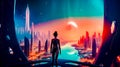 Woman standing in front of futuristic cityscape with river running through it. Generative AI Royalty Free Stock Photo