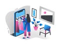 Woman standing in front of giant smartphone and choosing clothes hanging on hanger rail inside it. Concept of online