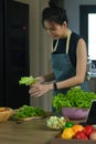 Woman standing in front of her kitchen table and preparing healthy vegan salad. Royalty Free Stock Photo