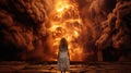 A woman standing in front of a huge fire. AI