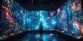 Woman standing in front of immersive digital screens displaying galaxy data and cosmic visuals, symbolizing exploration