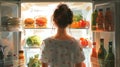 A woman is standing in front of an open refrigerator, looking inside. The fridge is stocked with various food items Royalty Free Stock Photo