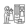 Woman standing in front of opened wardrobe with apparel hanging inside black line icon. Home leisure. Vector isolated illustration