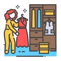 Woman standing in front of opened wardrobe with apparel hanging inside color line icon. Home leisure. Vector isolated illustration