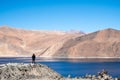 A woman standing in front of Pangong lake with mountains view and blue sky Royalty Free Stock Photo