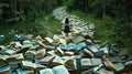 Woman Standing in Front of Pile of Books Royalty Free Stock Photo