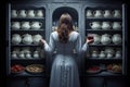 A woman standing in front of a shelf filled with a variety of dishes, Rear View Woman takes the milk from the open refrigerator,