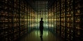 Woman standing in front of wall of computer servers with servers creating an abstract pattern of light and shadows