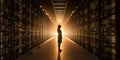 Woman standing in front of wall of computer servers with servers creating an abstract pattern of light and shadows Royalty Free Stock Photo