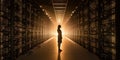 Woman standing in front of wall of computer servers with servers creating an abstract pattern of light and shadows