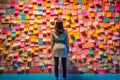 A woman standing in front of a wall full of sticky notes, neural network generated photorealistic image Royalty Free Stock Photo
