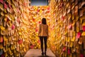 A woman standing in front of a wall full of sticky notes, neural network generated photorealistic image Royalty Free Stock Photo