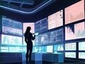 A woman standing in front of a wall of monitors. AI generative image