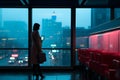 a woman standing in front of a window looking out at the city Royalty Free Stock Photo