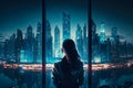 Woman standing in front of window looking out at city at night. Generative AI Royalty Free Stock Photo