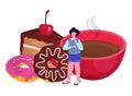Woman standing with giant doughnut, cake slice, and coffee. Casual clothing, contemplating sweet food, oversized dessert