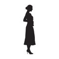 Woman standing in high heels shoes with hands in pockets, side view. Isolated vector silhouette