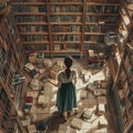 Woman Standing in Library Surrounded by Books. Generative AI. Royalty Free Stock Photo