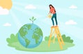 Woman standing on ladder and watering planet Earth