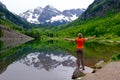 Woman Standing by Lake with Mountains View and Reflection. Royalty Free Stock Photo