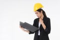 Woman Standing and Looking at the documents in the file with suspicion Royalty Free Stock Photo