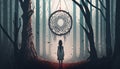 A woman is standing and looking at a dreamcatcher hanging from the trees in a mysterious forest