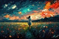 Woman is standing. Magical scenic fantasy landscape. Beautiful illustration picture. Generative AI