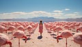 a woman standing in the middle of an enormous pink flamingos'field Royalty Free Stock Photo
