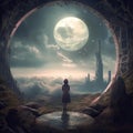 Woman standing in the middle of a fantasy landscape with a full moon