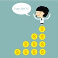 Woman standing on money graph success with bubble speech I can d