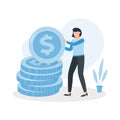 Woman is standing near a big coin money. Earning, saving and investing money concept