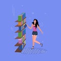Woman standing near bookshelf smiling girl choosing books for reading library or bookstore visitor flat full length