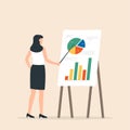 Woman standing near flip chart and pointing graph and diagram. Vector illustration Royalty Free Stock Photo