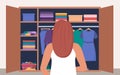 Woman standing near wardrobe to choose stylish outfit. Girl choosing clothes. Vector illustration