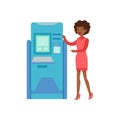 Woman Standing Next To ATM Cash Machine. Bank Service, Account Management And Financial Affairs Themed Vector